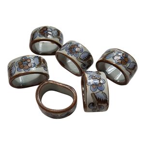 Floral Napkin Rings Ceramic Gray Blue Brown Made In Mexico Set Of 6